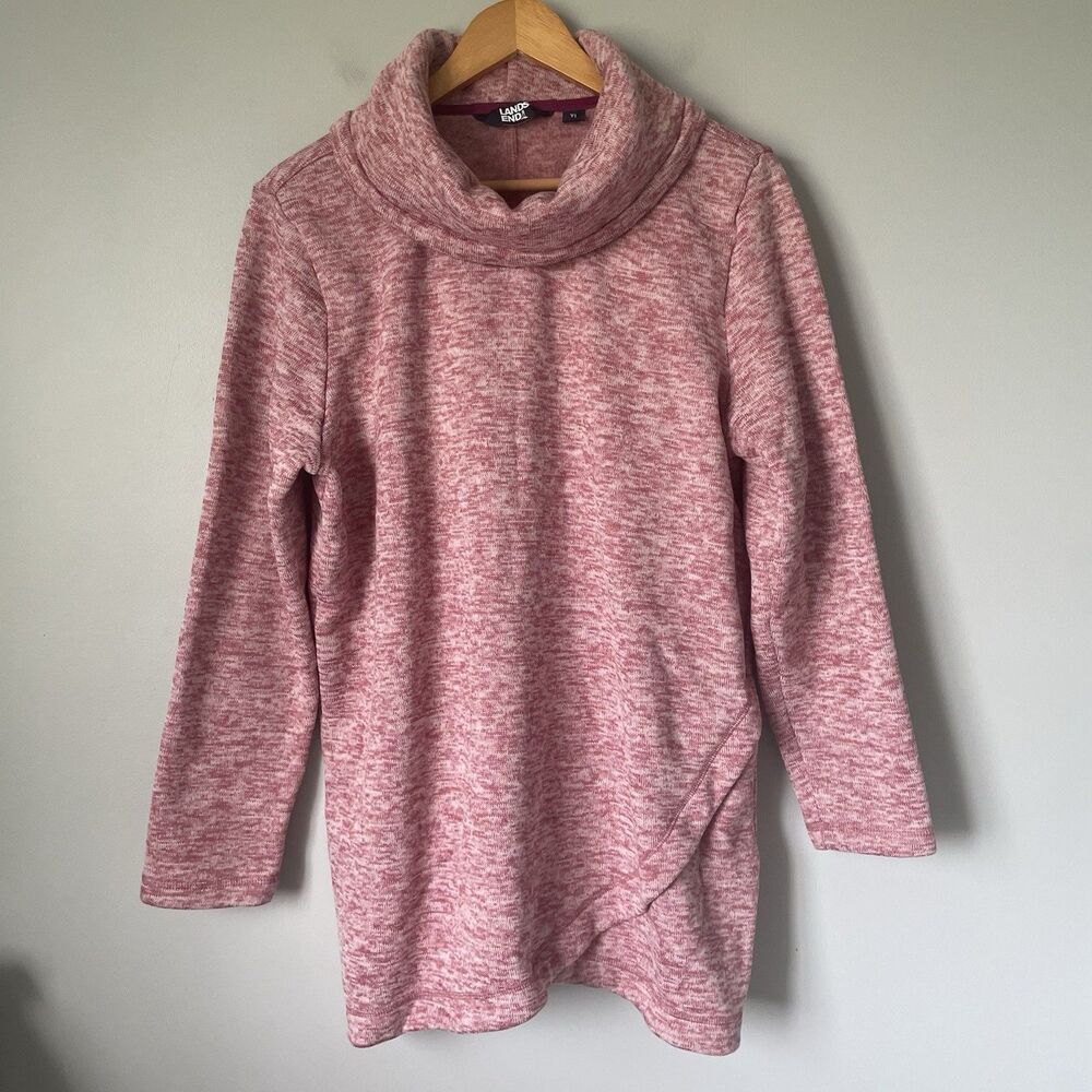 Lands' End Cowl Neck Fleece Sweatshirt Heathered Pink Crossover Hem Size XL